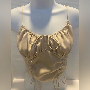 Graffiti Elegant Satin Cream Ruched Cami Top. Front Bodice Tie w Peek-A-Boo Sz S